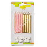 Свечи Ассорти Pink с блестками & Gold 8см с держателями 8шт