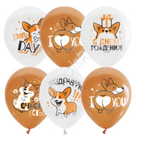 12"/30см Набор шаров WHITE&ORANGE 1ст. 2цв. рис. Корги СДР 5 шт